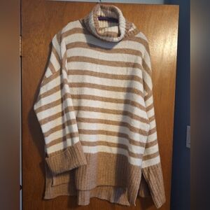 L Buffalo David Bitton Oversized Sweater Tan White Stripes Turtleneck